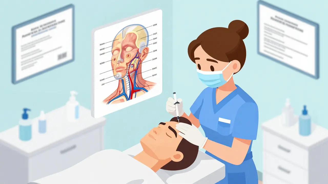 Врач-косметолог вводит инъекцию с помощью 3D-анатомической карты, подчеркивая точность и безопасность.
