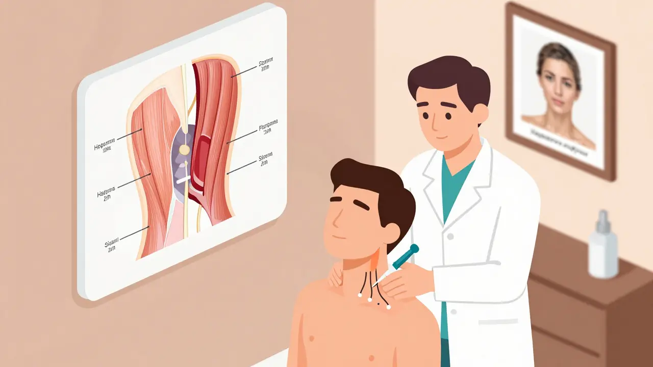 Врач вводит ботокс в шею пациента с анатомической схемой мышцы на фоне.