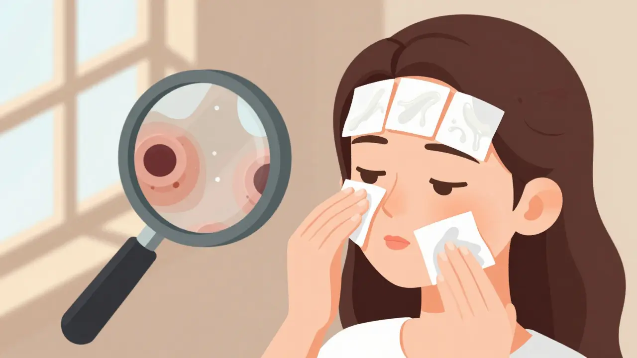 Женщина проводит тест салфетками: жирные пятна только на Т-зоне, щеки остаются сухими и чистыми.