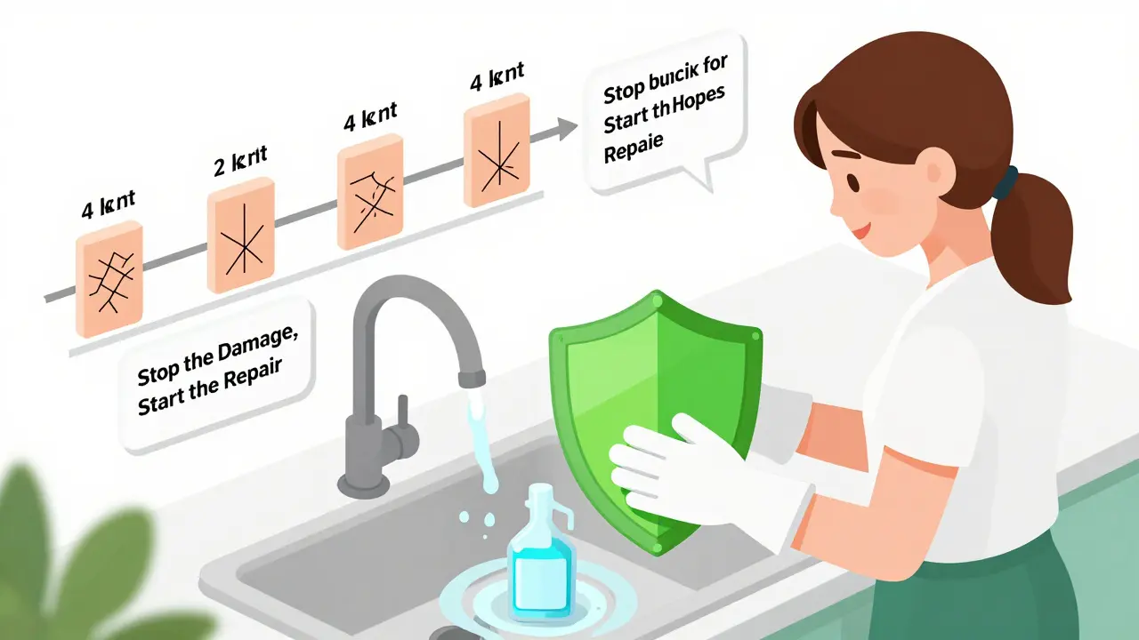 Женщина в хлопковых перчатках моет посуду, защитный щит спасает руки от химии.