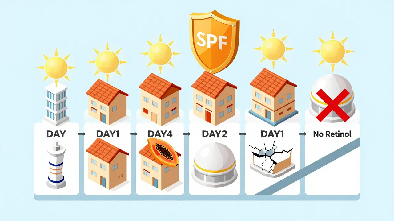 3D-календарь подготовки к пилингу: каждый день — здание с продуктом, SPF защищает от УФ-лучей.