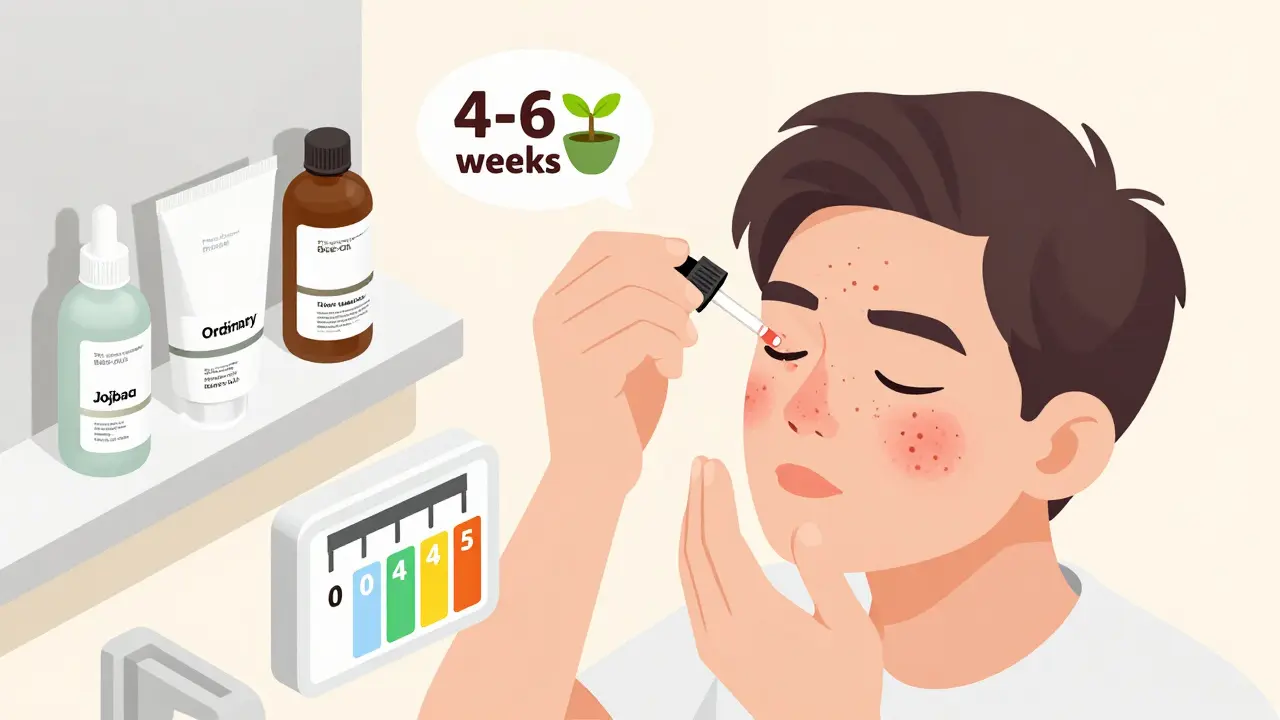 Человек наносит масло точечно на прыщи, вокруг — шкала комедогенности и холодильник с маслом примулы, стиль изометрической иллюстрации.