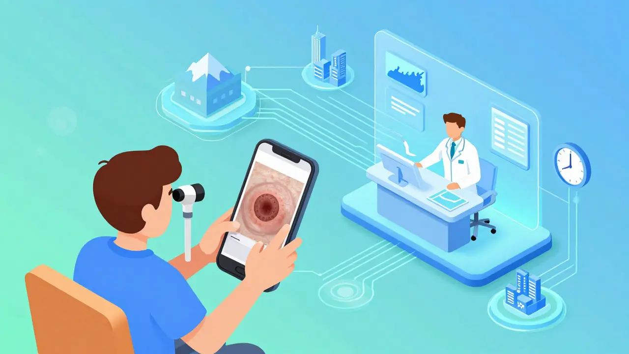 Человек с телефона отправляет снимок родинки врачу в крупном городе, символизируя телемедицину.