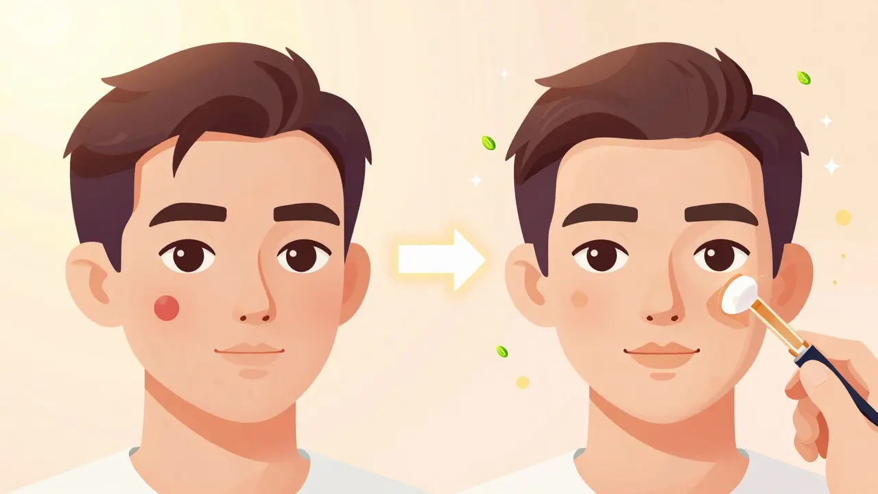 До и после макияжа лица с коррекцией темных кругов и прыща, показывающие процесс нанесения консилера.