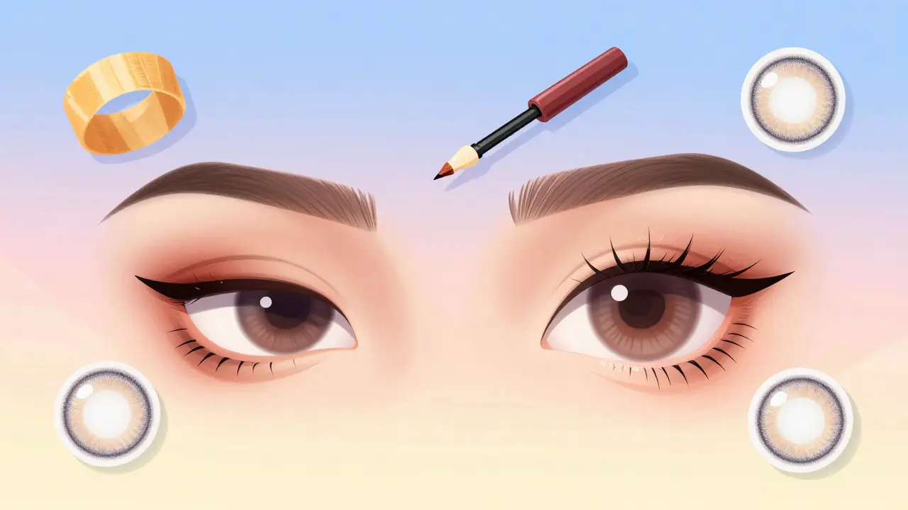 Два глаза: один с традиционным макияжем, другой — с азиатской техникой, рядом — инструменты для преобразования.