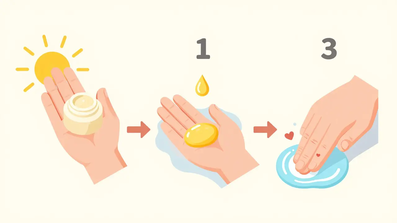 Ежедневный уход за кутикулой: утро, день, вечер — масла и крем в изометрической сцене.