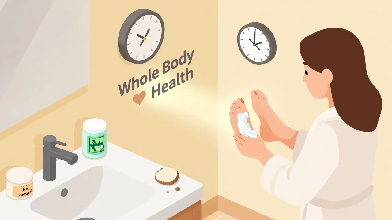 Ежедневный уход за стопами дома: нанесение крема после душа, рядом — скраб, гель и запрет на пемзу.