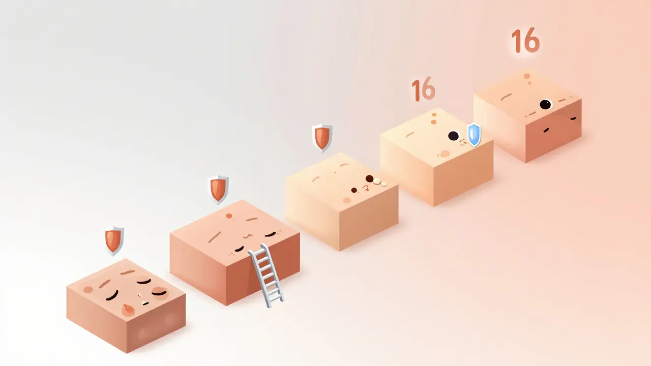 Изометрическая иллюстрация: 16-ступенчатая лестница, показывающая улучшение кожи вокруг глаз за 16 недель с ретинолом.