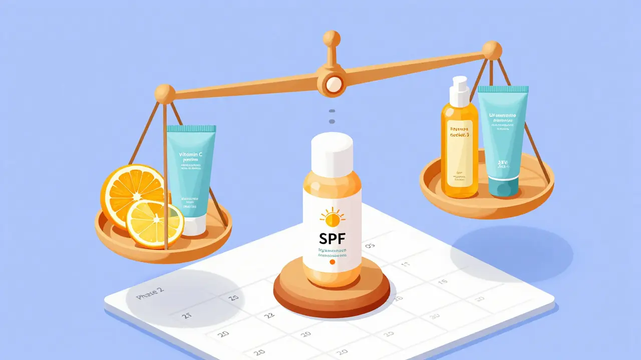 Изометрическая иллюстрация баланса активных и восстанавливающих компонентов в уходе за кожей на 6 месяцев.