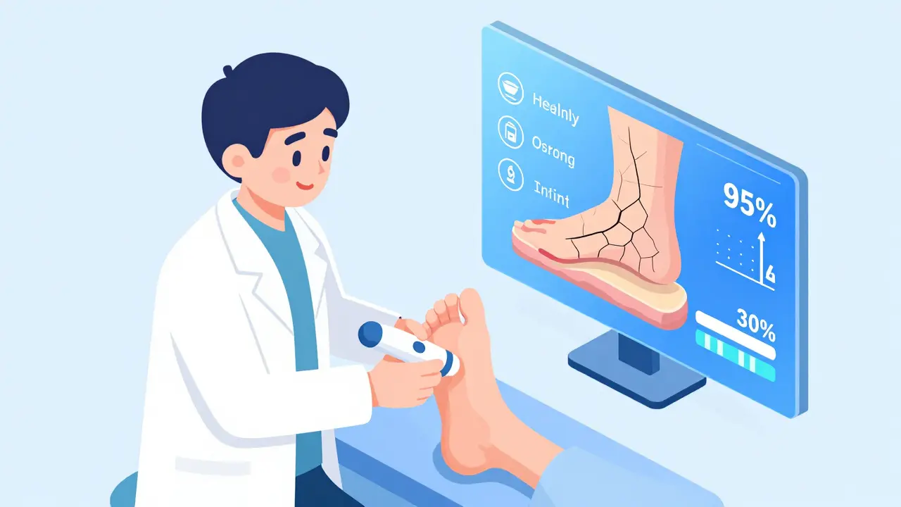 Изометрическая иллюстрация кабинета подолога: специалист обрабатывает пятку, на экране — карта состояния кожи.