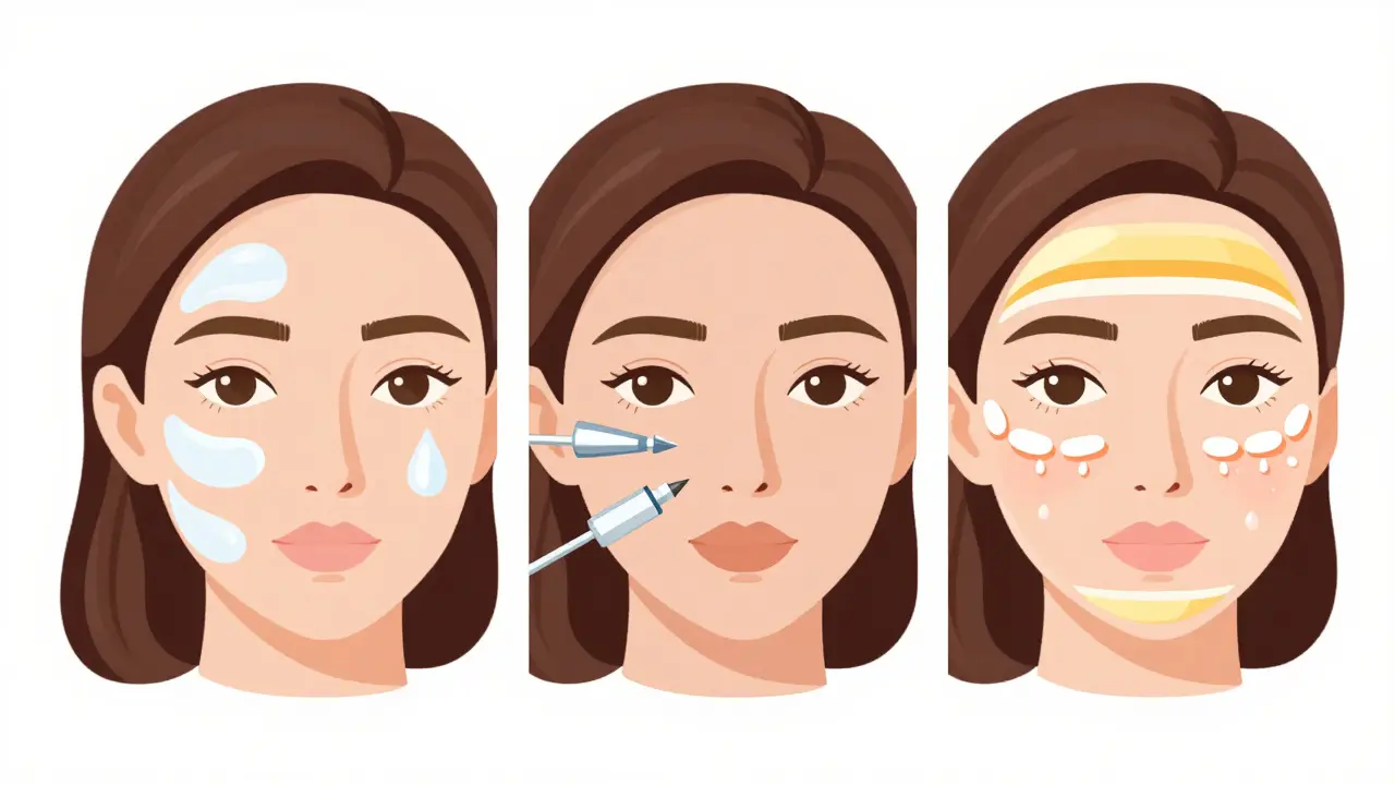 Изометрическая иллюстрация лица в трех фазах ухода: гидратация, пептиды и керамиды, визуализированные как слои.