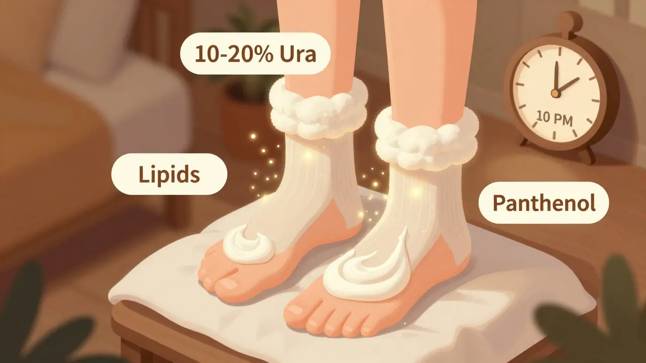 Изометрическая иллюстрация ночного ухода: на стопы нанесён крем, надеты хлопковые носки, виден эффект увлажнения.