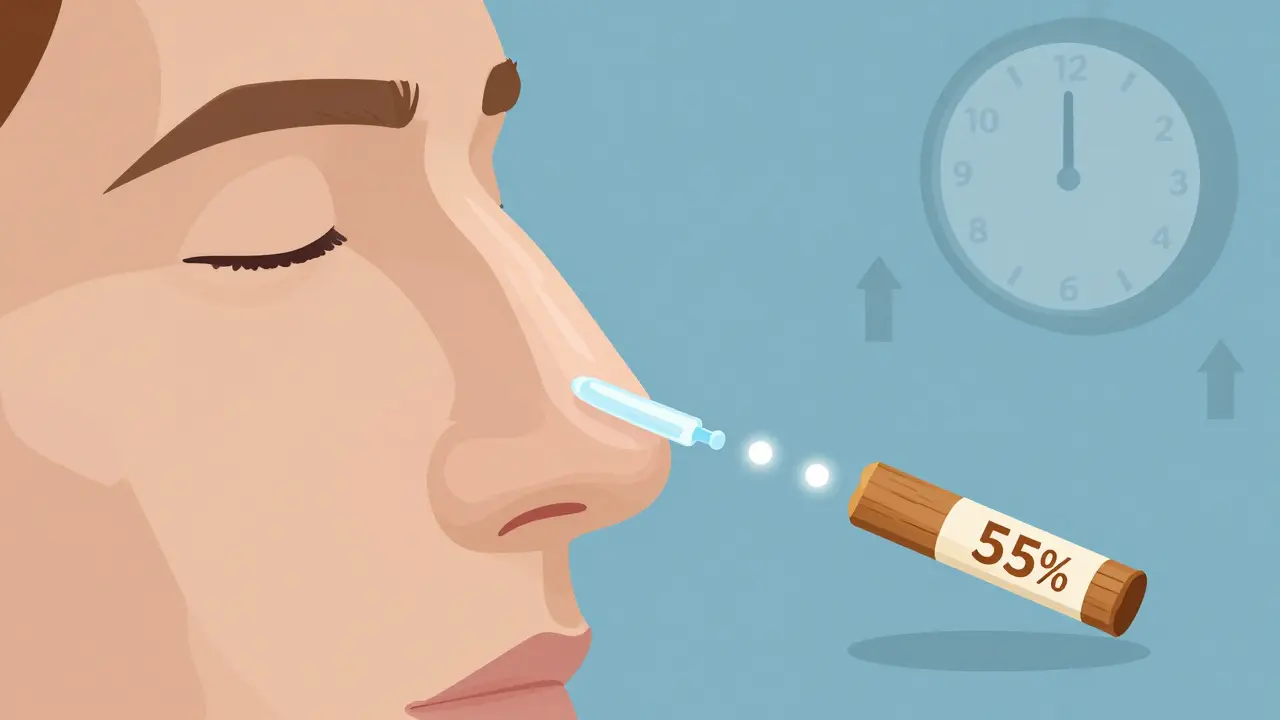 Изометрическая иллюстрация: носовые проходы с уменьшающимся отёком и молекулами запаха, достигающими рецепторов, с каплей солевого раствора.