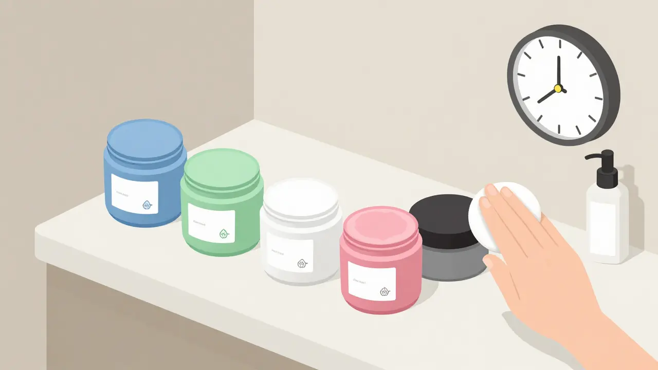 Изометрическая иллюстрация пяти видов глины на полке с символами увлажнения и ватным диском для маски.