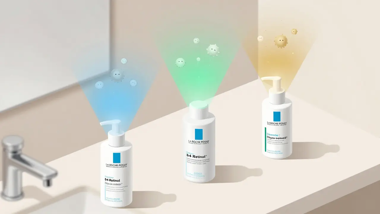 Изометрическая иллюстрация: три бутылочки с ретинолом на прилавке, каждая излучает цветной свет, символизирующий свою технологию доставки.