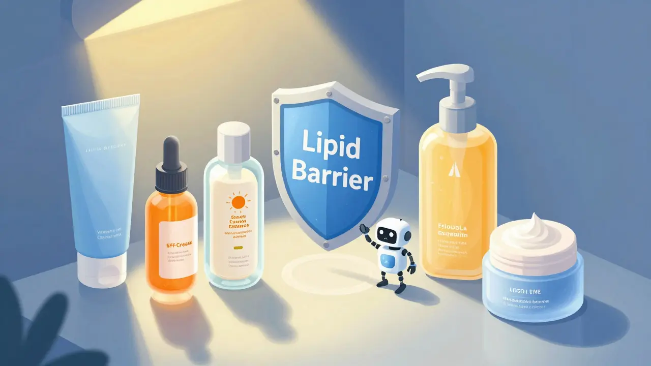 Изометрическая иллюстрация ухода за кожей после 50: утренний и вечерний ритуалы с активными ингредиентами и восстановлением барьера.