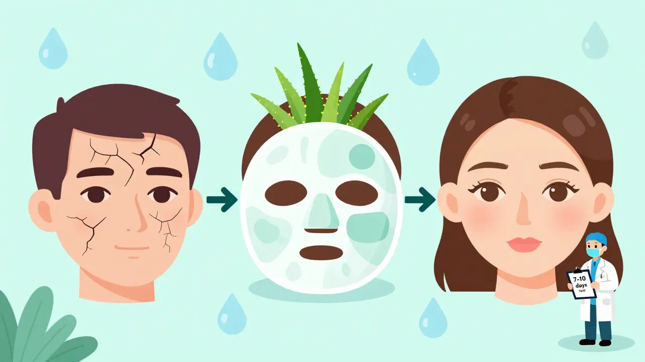 Изометрическая иллюстрация восстановления кожи: от сухости к сиянию с увлажняющими масками и каплями воды.
