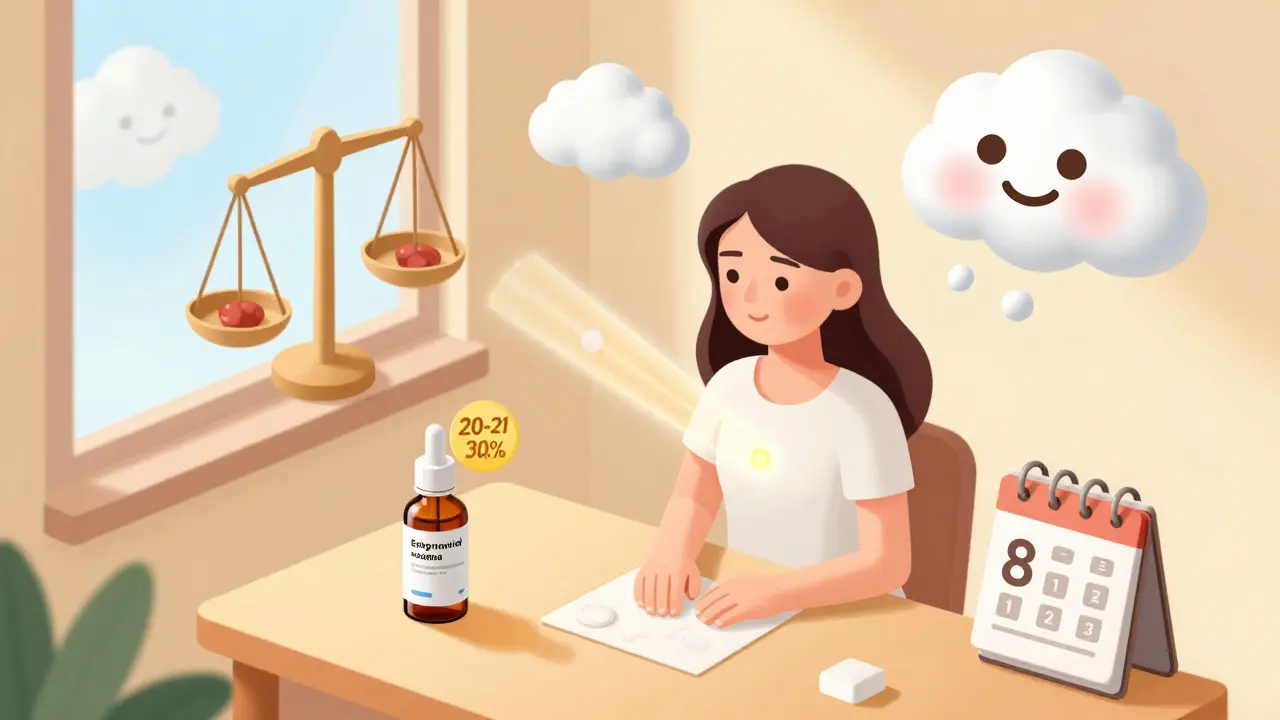 Изометрическая иллюстрация женщины с символами гормонального баланса, пептидами и лазерным омоложением в спокойной обстановке.