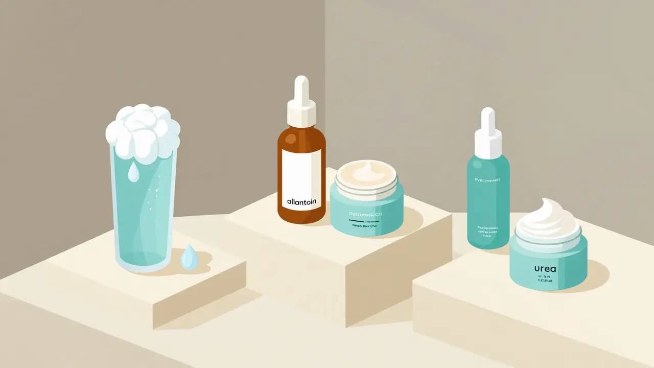 Изометрическая схема ежедневного ухода за чувствительной кожей: утро и вечер с безопасными средствами.