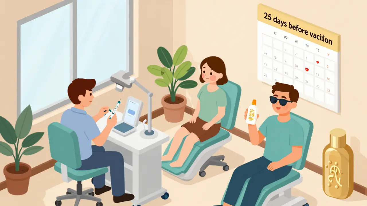 Клиника: три пациента на разных этапах биоревитализации, календарь с датой за 25 дней до отпуска.