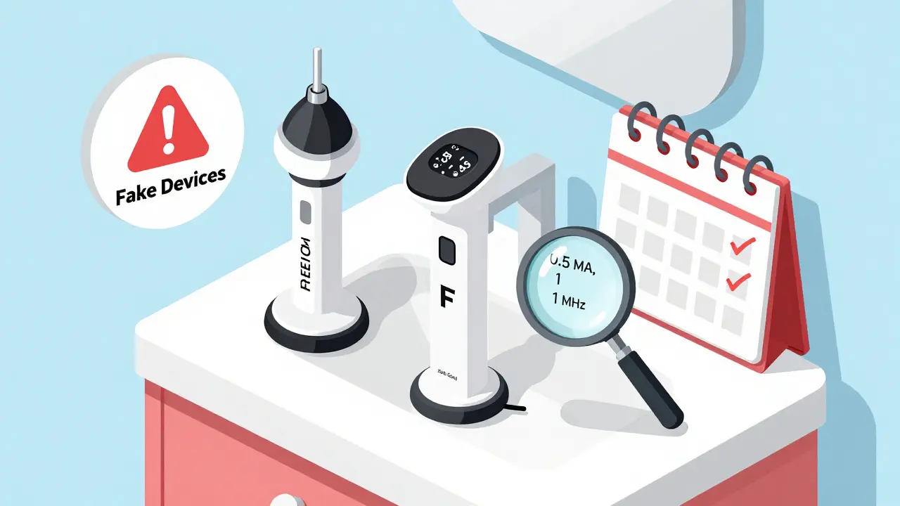 Косметические устройства и гели на полке с указанием технических параметров и предупреждением о подделках.