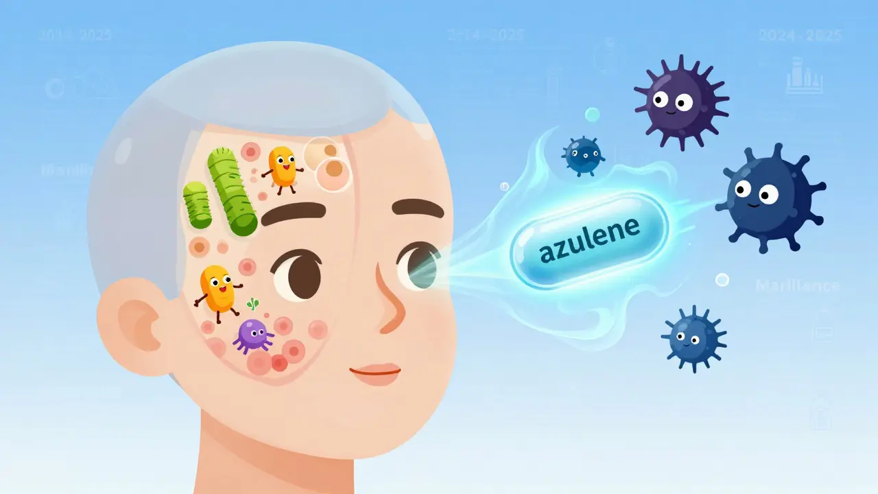 Микроскопический вид кожи с полезными пребиотиками, отталкивающими вредные химикаты, в стиле научной иллюстрации.