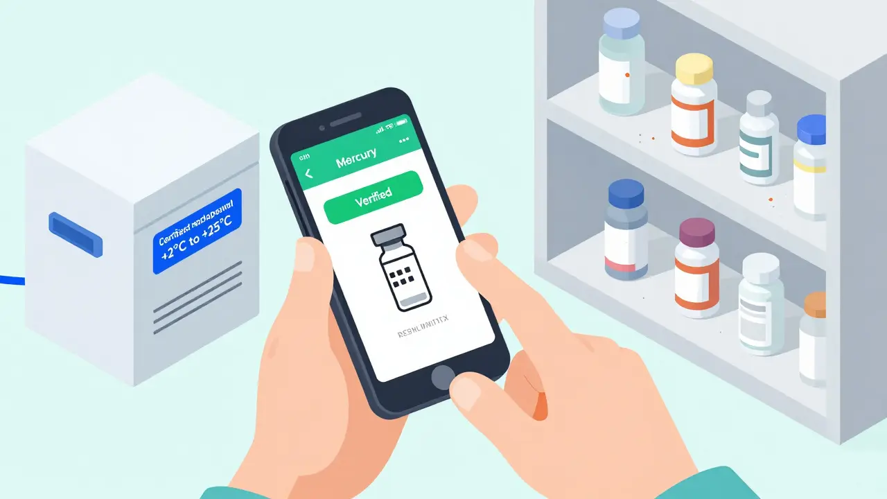 Пациент сканирует код препарата смартфоном, на экране — статус 'Проверено', рядом — правильное и неправильное хранение.