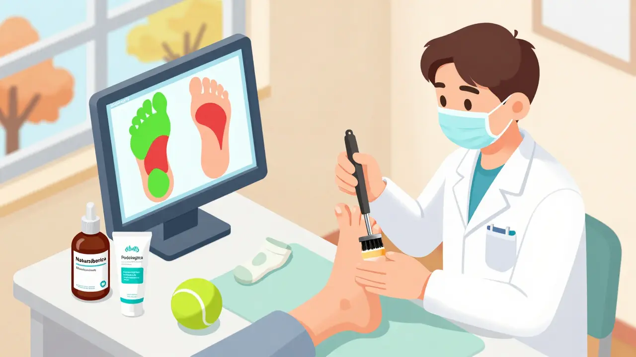 Подолог проводит профессиональный педикюр с использованием точечного инструмента, на фоне цифрового скана кожи и кремов для стоп.