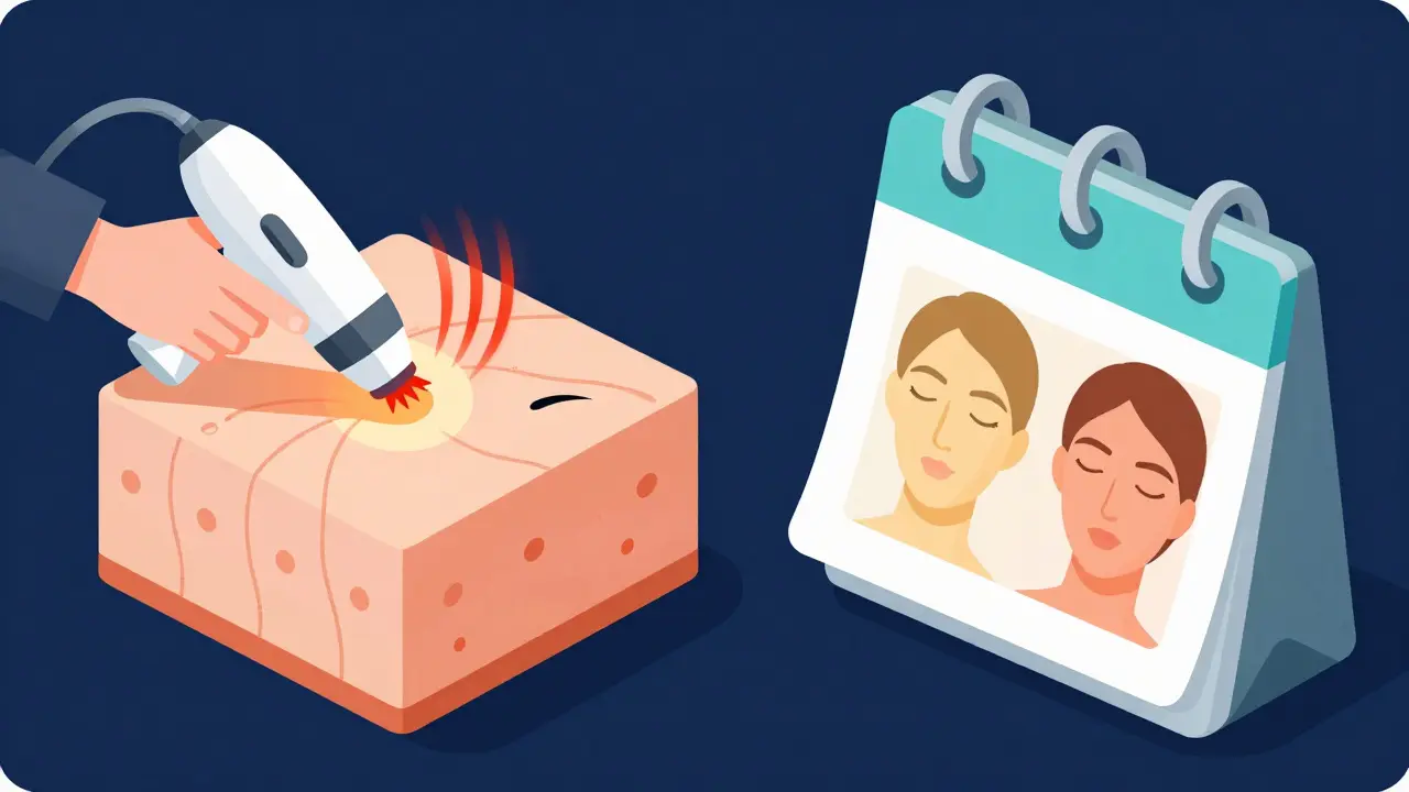 Постепенное улучшение кожи под действием радиочастотного устройства через 8 недель.