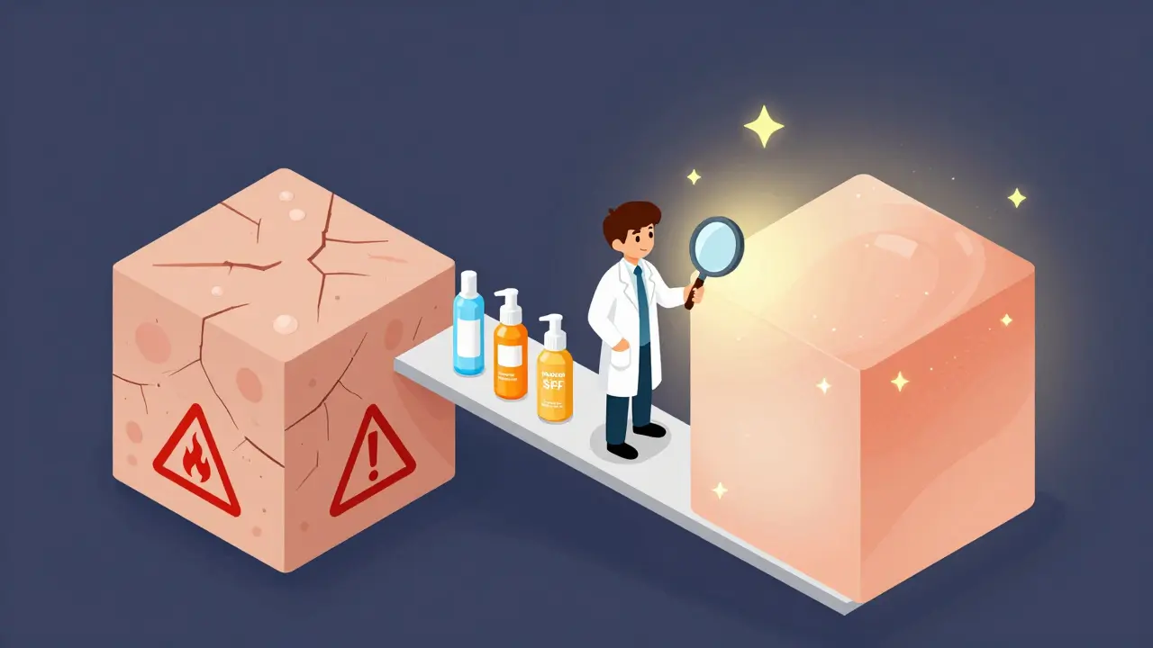 Сравнение кожи до и после подготовки: слева — повреждённая, справа — сияющая, между ними — путь из шагов ухода.