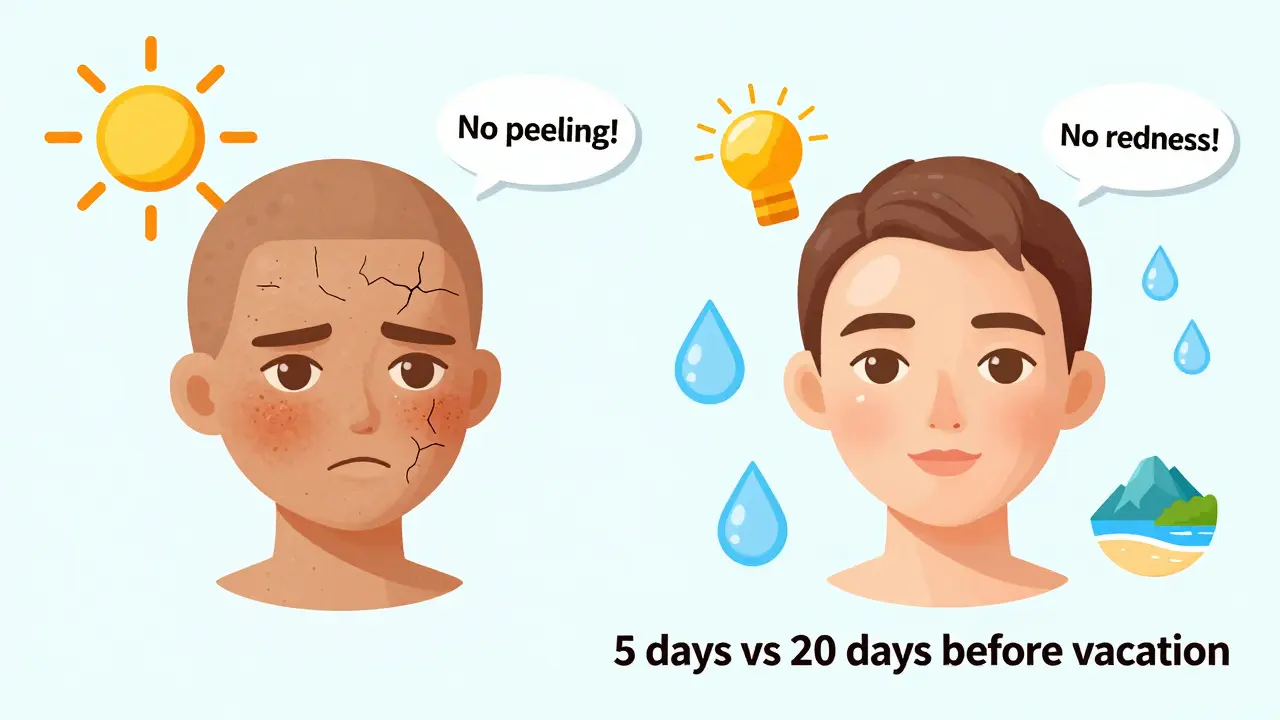 Сравнение сухой обгоревшей кожи и здоровой сияющей кожи с надписями '5 дней' и '20 дней' до отпуска.