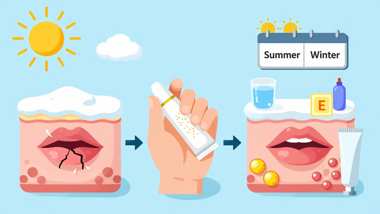 Временная шкала: поврежденные губы → защита бальзамом → восстановление с церамидами и витамином Е.