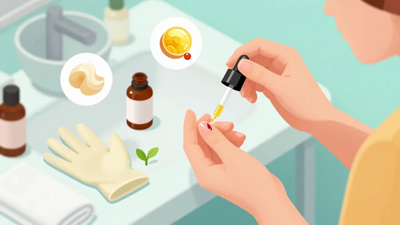Женщина массирует кутикулу маслом, вокруг — символы восстановления: буфер, витамины, перчатки
