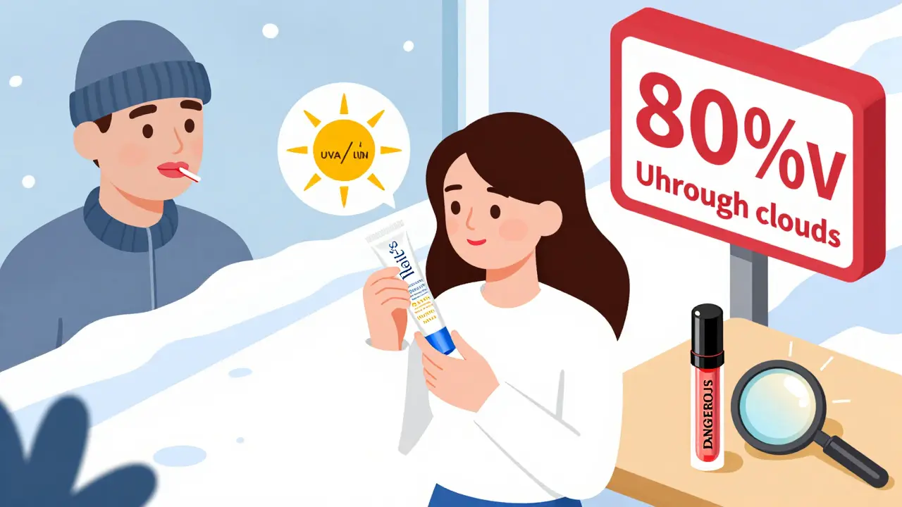 Женщина наносит бальзам с SPF перед выходом на снег, рядом — опасный блеск и предупреждение об УФ-лучах.