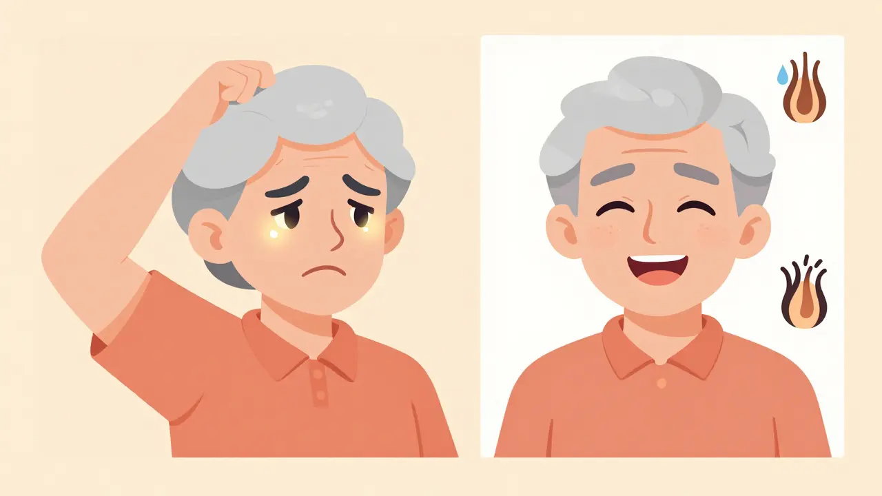 Человек после 50 улыбается с облегчением, вокруг него символы скрытых преимуществ ботокса.