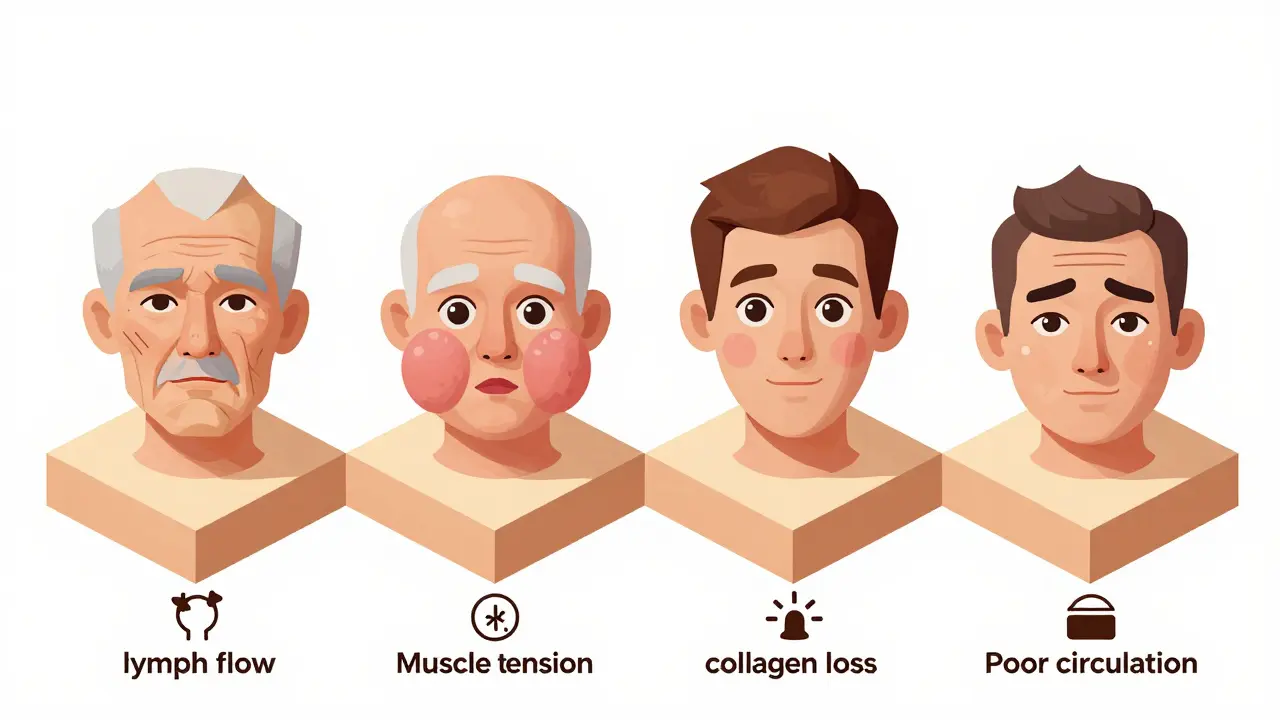 Четыре типа возрастных изменений кожи: морщинистый, отечный, усталый и мускульный, в изометрическом стиле.