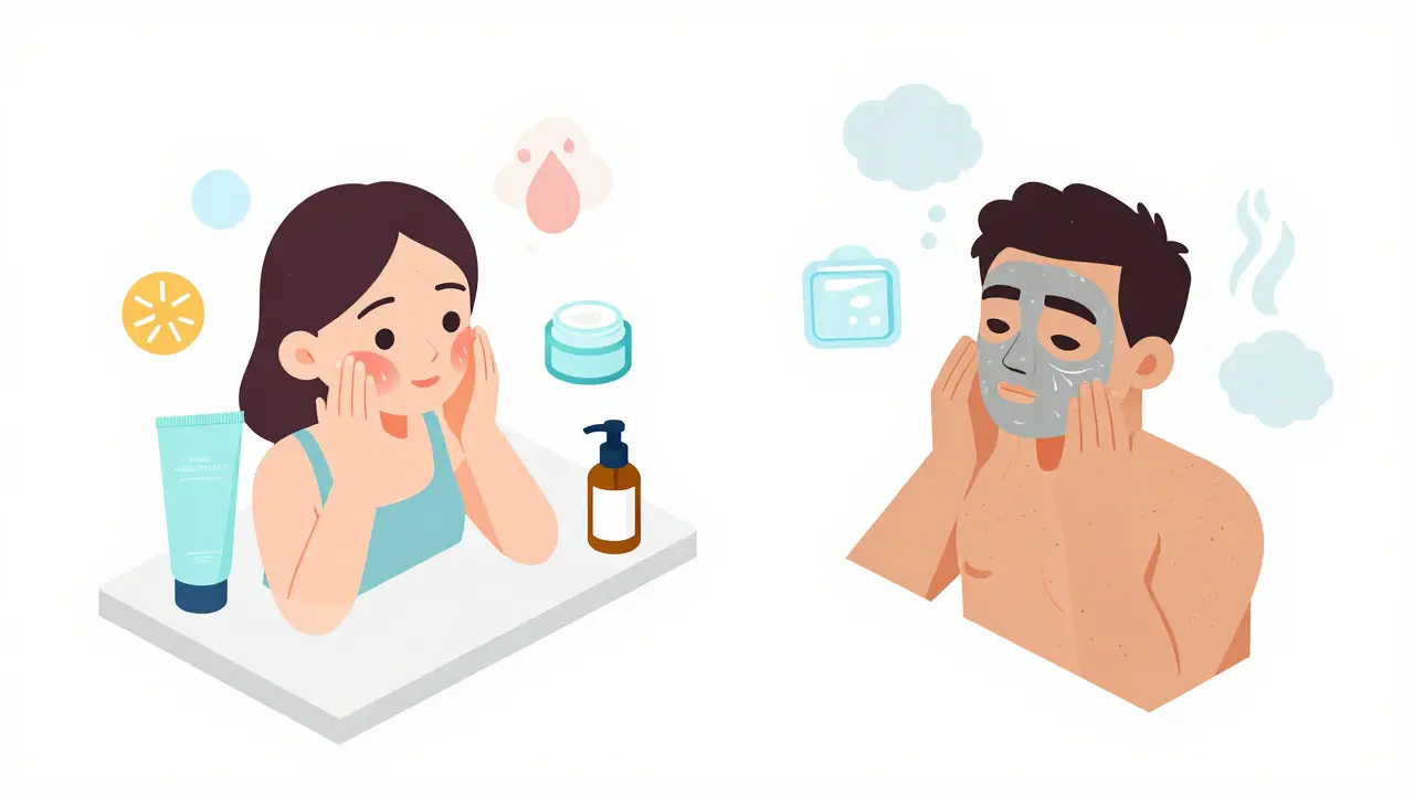 Два уходовых ритуала: для тонкой и толстой кожи, показанные изометрически с продуктами и эффектами.