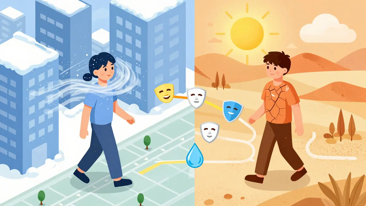 Изометрическая иллюстрация человека, переходящего между холодным и жарким городом, с изменениями кожи и элементами ухода вдоль пути.