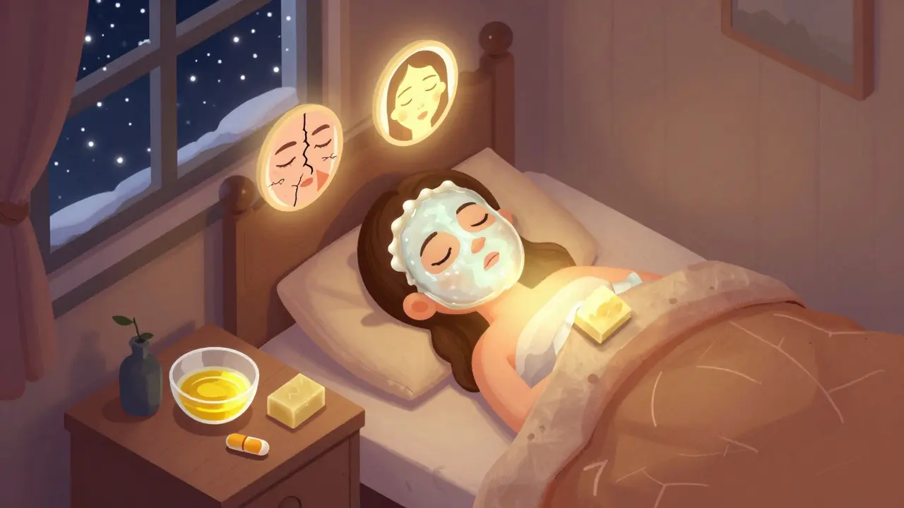 Изометрическая иллюстрация: ночная маска из масла и воска на коже ног.