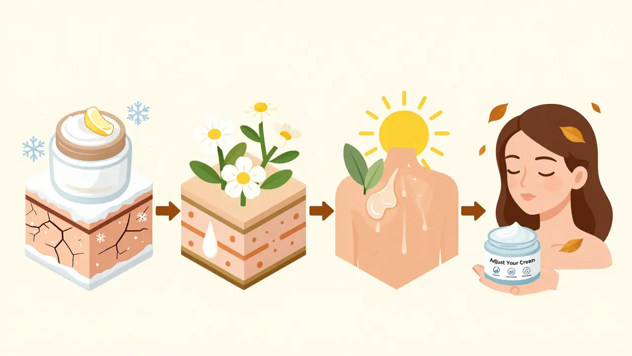 Изометрическая иллюстрация смены сезонов: зимой — треснутая кожа, весной — увлажнённая, летом — жирная, осенью — сбалансированная.