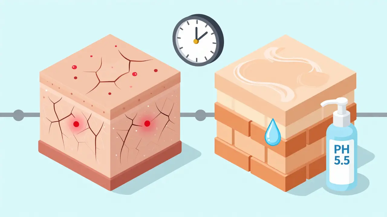 Изометрическая иллюстрация сравнения сухой и здоровой кожи с восстановлением барьера.