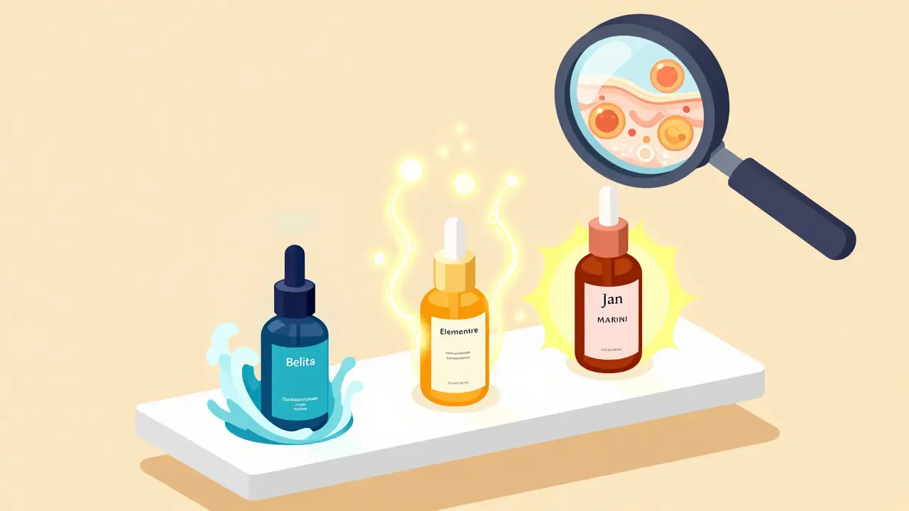 Изометрическая иллюстрация: три бутылочки сывороток с уникальными энергетическими полями, демонстрирующими их состав и действие.