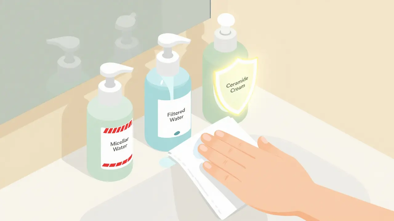 Изометрическая иллюстрация умывальника с тремя бутылками и мягкой тканью, смывающей мицеллярку.