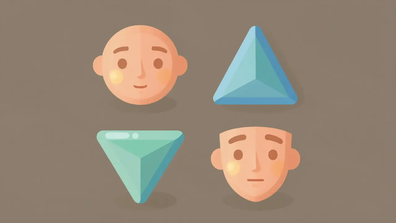 Изометрическое сравнение четырех форм лица с зонами контурирования и подсветки.