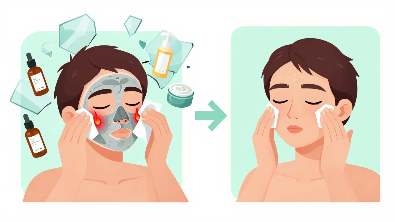 Лицо, обработанное слишком многими активными средствами, с воспалённой, шелушащейся кожей, рядом — правильный уход в минималистичном стиле.