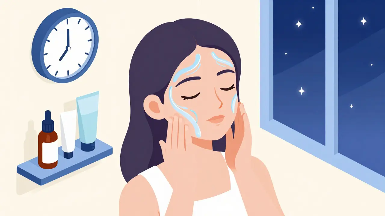 Массаж лица с потоками лимфы, косметика и ночной режим в изометрической иллюстрации.