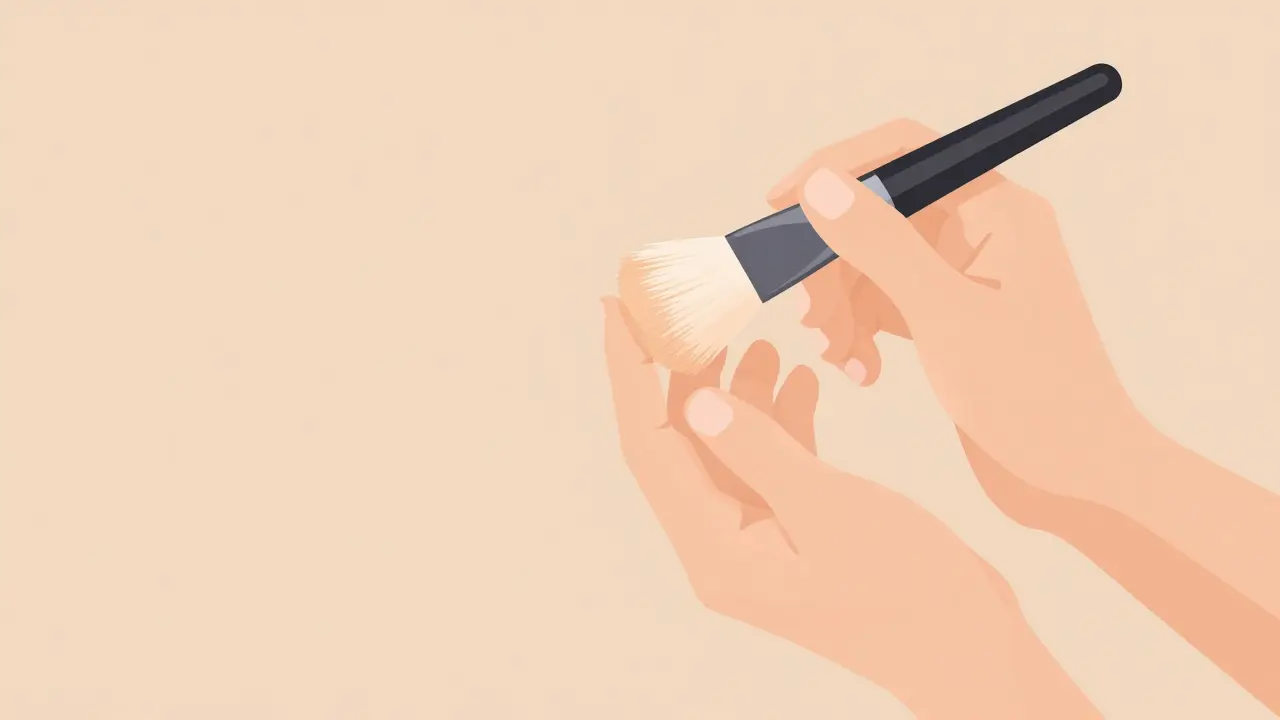 Нанесение рассыпчатой пудры кистью легкими движениями.