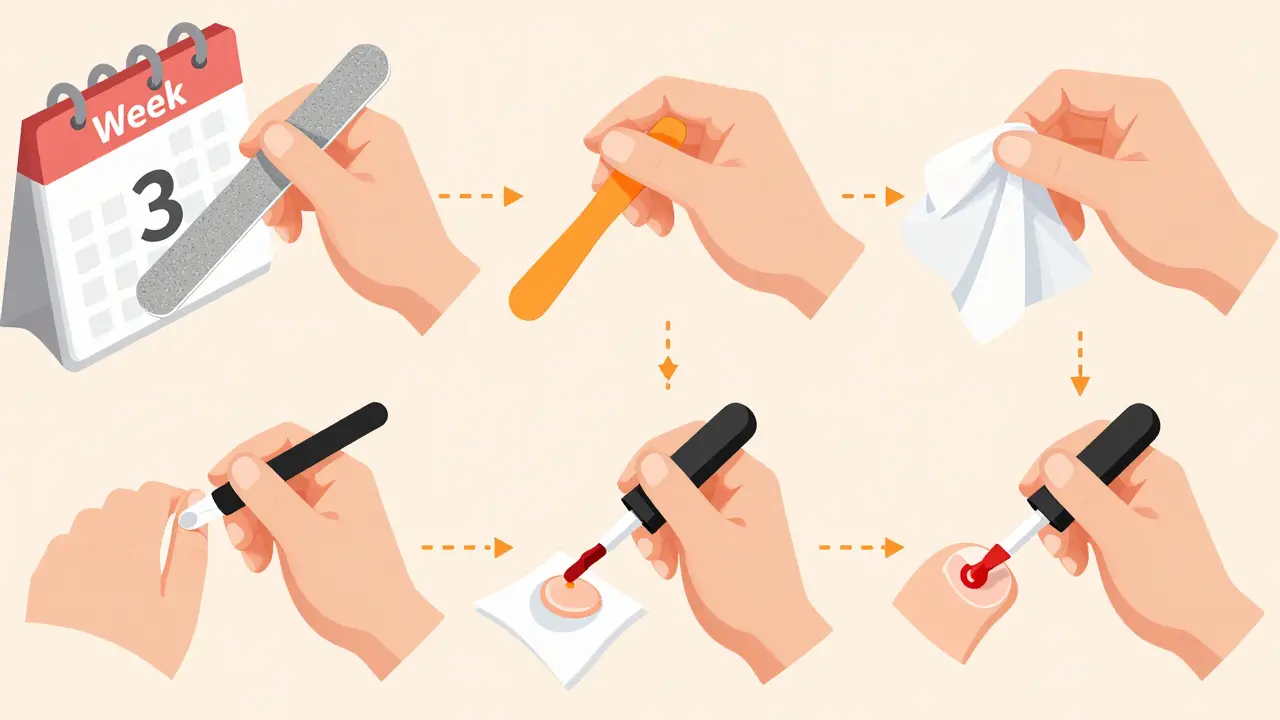 Пять шагов ухода за ногтями: файл, палочка, обезжиривание, нанесение базы и запечатывание края.