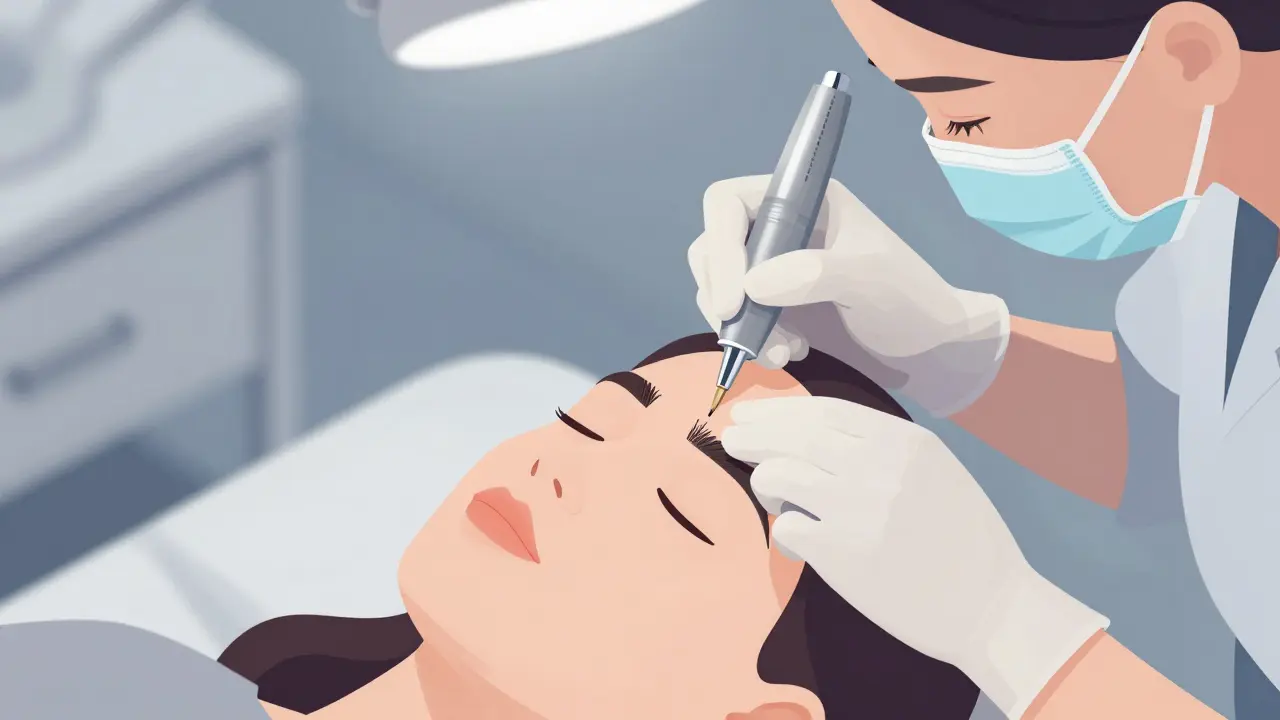 Профессиональный микроблейдинг бровей, техник наносит волоски инструментом.