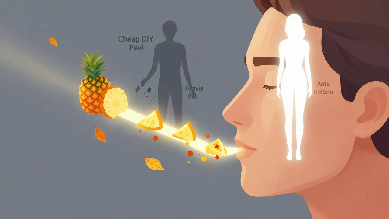 Профиль лица с ферментным пилингом, удаляющим омертвевшие клетки, и тенью опасного домашнего пилинга, разрушающегося на фоне.